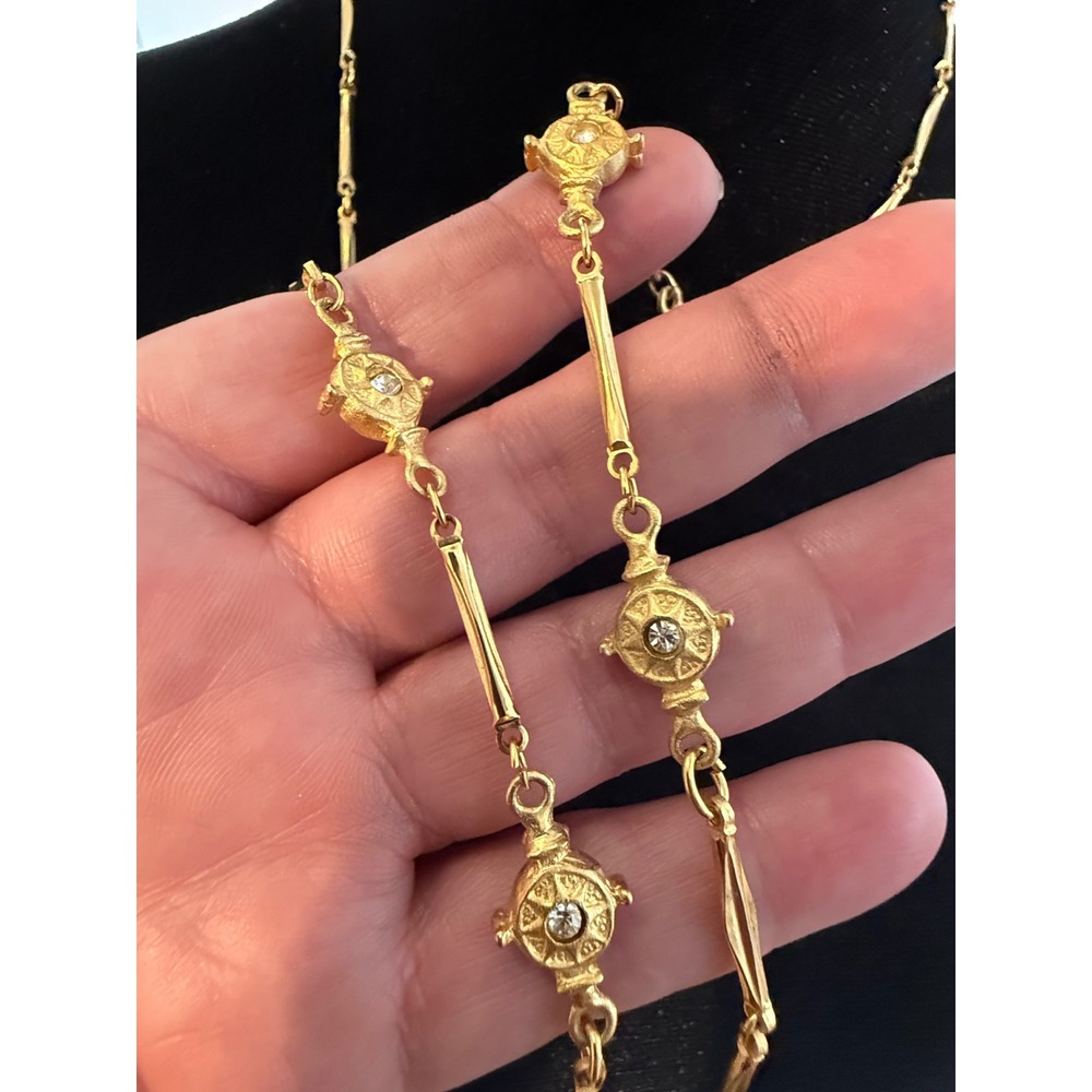 Nice! Vintage Medallion Gold Tone Necklace Long Rhinestone Bar Link Chain 36"